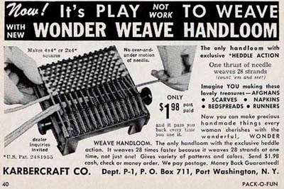 Ad for potholder loom, 1960 Pack-O-Fun