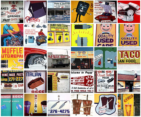 Collage of hand-painted signs from Roadside Art: 100 Favorite Roadside Signs