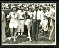 Movie Star World Series, 7/9/1949: 40,000 Murphy with Virginia Mayo, former Sox player August Trapp, Marlyn Monroe and old timer. The stars played baseball old timers