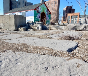 Autograph rocks, Beach house and Hyde Park buildings at 49th Street. Chicago lakefront stone carvings, between 45th Street and Hyde Park Blvd. 2018