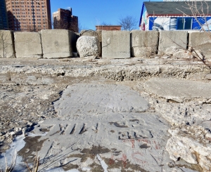 Autograph rock with Mike, Christ and many more, with the 49th Street beach house and Hyde Park in the background. Chicago lakefront stone carvings, between 45th Street and Hyde Park Blvd. 2018