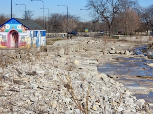 Beach house, trail, Lake Shore Drive and  rocks at 49th Street. Chicago lakefront stone carvings, between 45th Street and Hyde Park Blvd. 2018