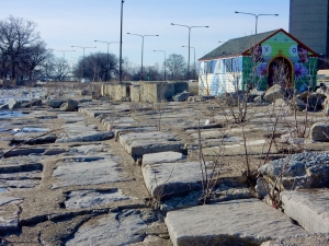 Beach house and Hyde Park buildings at 49th Street. Chicago lakefront stone carvings, between 45th Street and Hyde Park Blvd. 2018