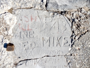 Autograph rock detail with Ann, Ed, two Mikes and more. Chicago lakefront stone carvings, between 45th Street and Hyde Park Blvd. 2018