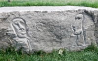 Easter Island-style figures, stone carvings, Fullerton Avenue at Lake Michigan