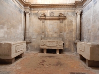 Roman-era sarcophagi inside L'eglise St Honorat, Alyscamps Cemetery, Arles