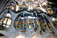 Facade detail, Antoni Gaudí's Casa Batlló at night, Barcelona