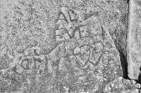 Double heart with arrow, Al, Eve. Chicago lakefront stone paintings, between Belmont and Diversey Harbors. 2002