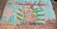 Seated mythical figure and tree. Lost. Chicago lakefront stone paintings, between Belmont and Diversey Harbors. 2002