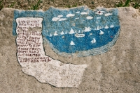 Life is what you make it, with sailboats and clouds. Lost. Chicago lakefront stone paintings, between Belmont and Diversey Harbors. 2002