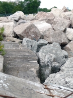 Standing bathing beauty on site. All gone now.  Chicago lakefront stone carvings between Belmont and Diversey Harbors. 2008