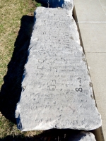 Autograph rock: Barb, F.B., Jim, Ed, Okun, JF, Sex, Sawyl K, JC, others. Chicago lakefront stone carvings, between Belmont and Diversey Harbors. 2019