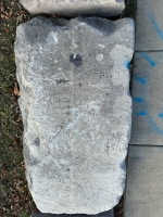 Chuck, LXIX (69), starburst (left center). Chicago lakefront stone carvings, between Belmont and Diversey Harbors. 2024