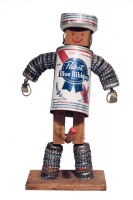 Male Pabst Blue Ribbon bottle-cap flasher figure, with beer-can hat, closed - vernacular art