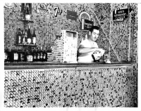 Vintage press photo: Practical Use for Used Bottle Caps MIAMI, FLA: Joe Wiser, a disabled World War veteran operating his own inn here, as the unique distinction of having found a use for used bottle caps. As can be seen, he has some some fancy interior decorating with them. ACME 4/25/39