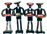 Quartet of tall black bottle-cap figures with painted mouths - vernacular art