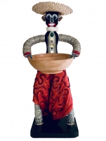 Black bottle-cap figure with dress, vest, neck ruffle, fancy earring and straw hat - vernacular art Black bottle-cap figure with dress, vest, neck ruffle, fancy earring and straw hat - vernacular art