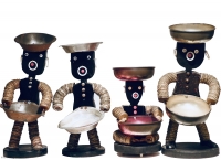 Quartet of black bottle-cap figures with head and body made from one piece of wood - vernacular art Quartet of black bottle-cap figures with head and body made from one piece of wood - vernacular art