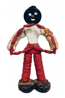 Heavily painted bottle-cap figure holding loop of folded bottle caps - vernacular art