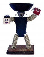 Black bottle-cap figure with faces for hands