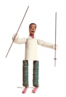 Skiing figure with bottle-cap legs, beer-can body and wooden head - vernacular art