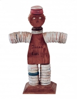 Brown bottle-cap figure with drawn face, bottle-cap cap and Queen Lisel written on chest - vernacular art