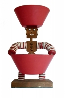 Brown bottle-cap figure with tapered body and red and white caps - vernacular art