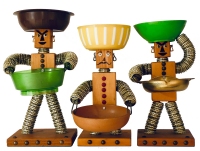 Trio of bottle-cap figures, two with felt facial features and one with  drawn mustache and nose - vernacular art