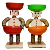 Pair of robot-style bottle-cap figures with feet - vernacular art