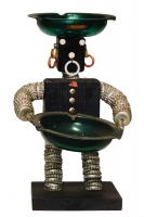 Brown  bottle-cap figure with incised body and Chain O Lakes sticker  - vernacular art