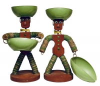 Pair of brown bottle-cap figures with bowties - vernacular art