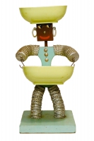 Green bottle-cap figure with painted mouth and tapered body  - vernacular art
