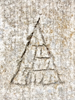 Pyramid, detail. Chicago lakefront stone carvings, Northerly Island. 2019