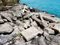 Pyramid and shapes. Chicago lakefront stone carvings, Northerly Island. 2019