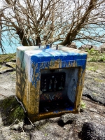 A Thomasson of sorts. Lightpole base turned canvas. Chicago lakefront paintings, Northerly Island. 2019