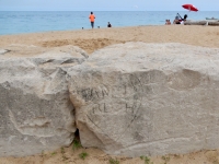Heart with Fance and Ruth. Chicago lakefront stone carvings, Oakwood Beach. 2019
