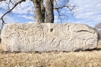 8-face rock with vacuum, abstract panel and tree. Chicago lakefront stone carvings, at 44th Street, south of Oakwood Beach. 2022