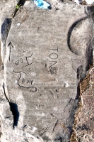 Arrow, Joe 88, Tony, Tony, Mark, 70. Chicago lakefront stone carvings, Calumet Park. 2020