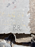 62, R.R., ED, detail. Chicago lakefront stone carvings, Calumet Park. 2019