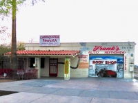 Virgin, dragster, spray tool and more on facade of Frank's Auto Refinishing, South Tucson, Arizona-Roadside Art