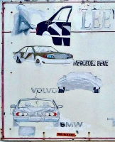Weathered car images, Lee's Foreign Car Service, Jefferson at Lexington-Roadside Art