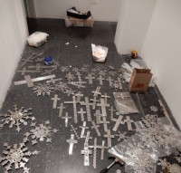 Material on floor waiting to be hung, Cross Purposes: Stanley Szwarc at Intuit December 2016. Material on floor waiting to be hung, Cross Purposes: Stanley Szwarc at Intuit December 2016.
