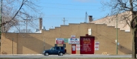 The now-blank facade in 2017 of D&A Auto Body Repair, Western Avenue and 47th Street-Roadside Art The now-blank facade in 2017 of D&A Auto Body Repair, Western Avenue and 47th Street-Roadside Art