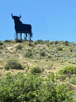 This bull billboard is a ghost sign for a brandy that has since become a popular non-commercial symbol erected on highways across Spain. Look up Osborne Bull on Wikipedia.