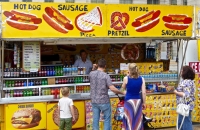 Hot dog, sausage, pizza, pretzel. Vernacular hand-painted food truck signage, National Mall, Washington, D.C. Hot dog, sausage, pizza, pretzel. Vernacular hand-painted food truck signage, National Mall, Washington, D.C.