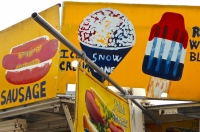 Sausage, ice cream, red white and blue pop. Vernacular hand-painted food truck signage, National Mall, Washington, D.C. Sausage, ice cream, red white and blue pop. Vernacular hand-painted food truck signage, National Mall, Washington, D.C.