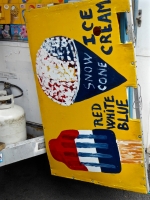 Ice cream, red white and blue  pop. Vernacular hand-painted food truck signage, National Mall, Washington, D.C.