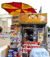 Pretzel, hot dog, pizza. Vernacular hand-painted food truck signage, National Mall, Washington, D.C.