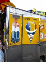 Red white and blue  pop, snow cone. Vernacular hand-painted food truck signage, National Mall, Washington, D.C.