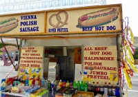 Vienna polish sausage, soft pretzel, beef hot dog. Vernacular hand-painted food truck signage, National Mall, Washington, D.C. Vienna polish sausage, soft pretzel, beef hot dog. Vernacular hand-painted food truck signage, National Mall, Washington, D.C.